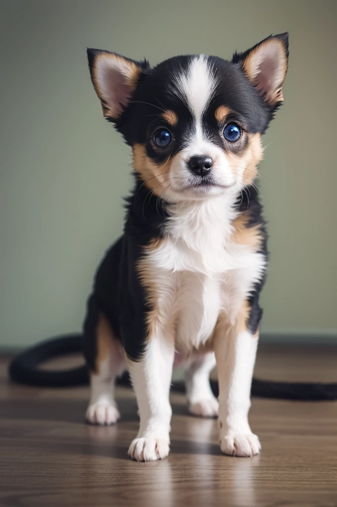 Raise a small dog with brown fur, blue colored eyes,Standing ear