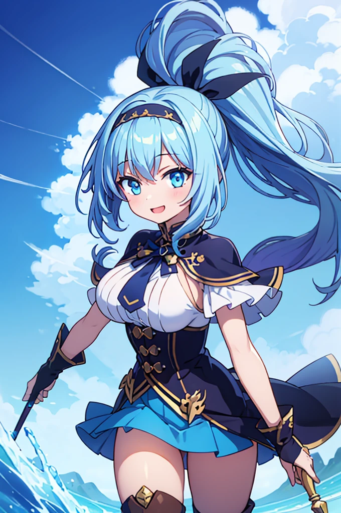 Fantasy,((Masterpiece)),((high resolution)),((Best Quality)),Anime illustration,((1girl)),(wavy hair),(short hair),(pale blue hair color),ponytail,headband,Big, round, blue eyes,Droopy eyes,15 years old,baby face and big breasts,(big breasts),Short stature,,ice wizard,sleeveless white blouse,Blue mini skirt,slit,Brown corset,brown capelet,smile,,Brown long boots,wizard's wand with blue gem,