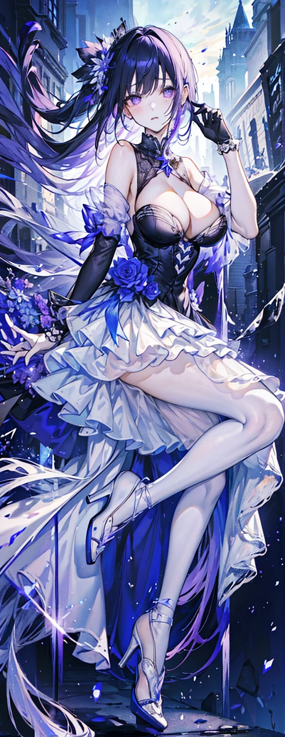 ((masterpiece:1.4,best quality)),(Super detailed),(Extremely detailed eyes),(Shiny socks:1.5),Hello Darkness
(Cute girls),,(Blood-red pupils,Diamond-shaped pupil:1.15),Purple Eyeshadow,(elongated hair,Thick hair,Single ponytail,shiny hair:1.5)(Changes through:1.2),despair,sad,Empty eyes,tears streaming down my face,tilting its head to the side,
(She wore a blue dress,:1.5),(Black gloves:1.4)Very long plush sleeves,White,White Cloud,Dream bubbles ,Ice and glitter effects
(Black long skirt:1.1),
((Starry Sky:1.2)),
(Intense black and white:1.16),(Depth of Field:1.4),,Intricate details,(((Detailed background,Castle in the Sky,Purple flowers by the lake))),(((Huge breasts,Bare breasts,Deep cleavage,White stiletto high heels,Transparent clothes)))