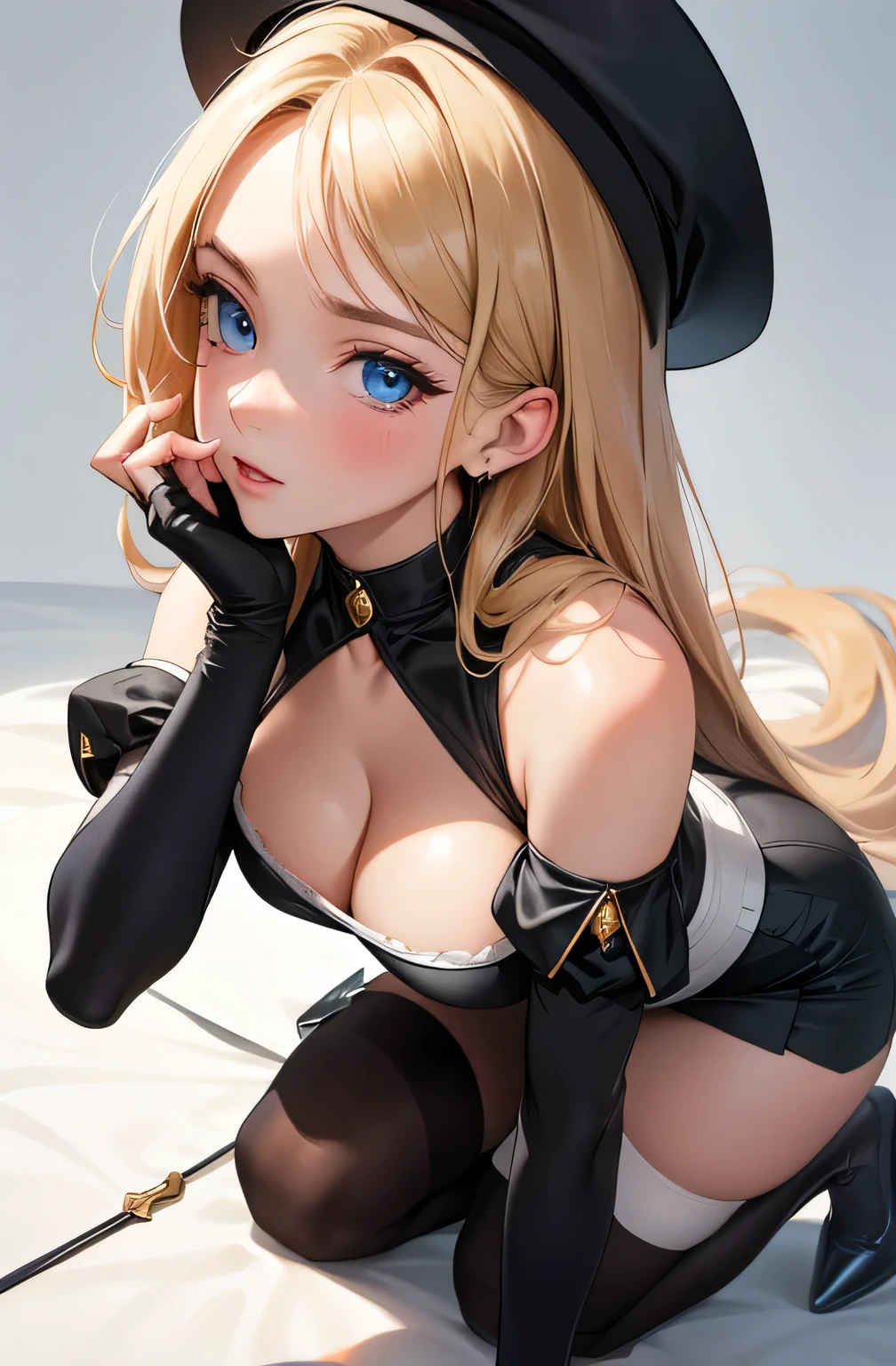 from side、from behind、on all fours,(masterpiece, best quality:1.4), absurdres, highres, ultra detailed, beautiful, 1girl, (maid), (perfect face, detailed face, beautiful:1.3), (blue eyes, golden hair, bangs, hair intakes, long hair), (natural breasts, cleavage), collarbone, fingerless gloves, gloves,spaghetti strap top, black pencil skirt, tight, over the knee skirt, hat, elegant maid outfit, thighhighs, thick thighs, thighs, multiple belts, More detailed 8K.motor irreal:1.4,UHD,La mejor calidad:1.4, fotorrealista:1.4, textura de la piel:1.4, obra maestra:1.8,obra-prima, mejor calidad,objeto Objeto], (detailed face features:1.3),(manos detailed)