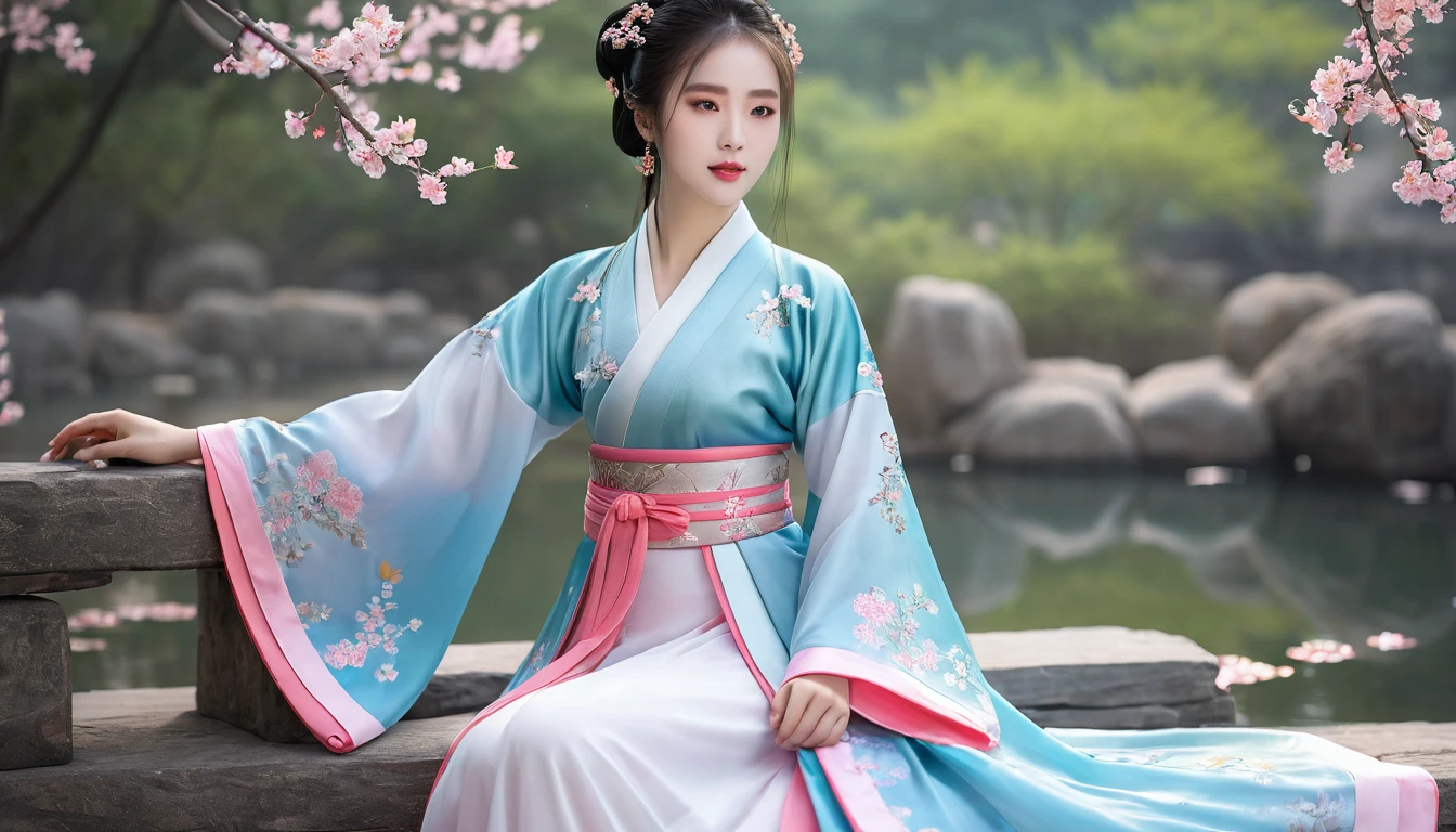 Women wearing Hanfu for photos。RAW photos，Best quality，（reality，照⽚reality感：1.3），masterpiece，Extremely exquisite and beautiful，High resolution，Original，Perfect lighting，（Extremely detailed CG：1.2），Unification，2k wallpaper，Amazing，Fine and fine