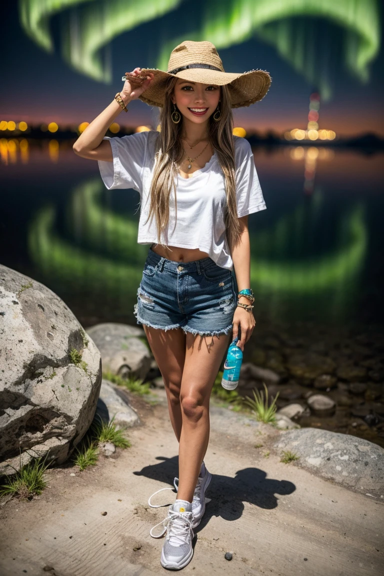 Wearing a large yellow waterproof hat and a white mountaineering hat, paired with a white oversized T-shirt and white NIKE AIR FORCE sneakers. Adorned with a necklace, earrings, bracelet, and various Bohemian (hippie) style hiking accessories and a water bottle. A joyful full-body shot while hiking, with the enchanting auroras of the Arctic as the backdrop!