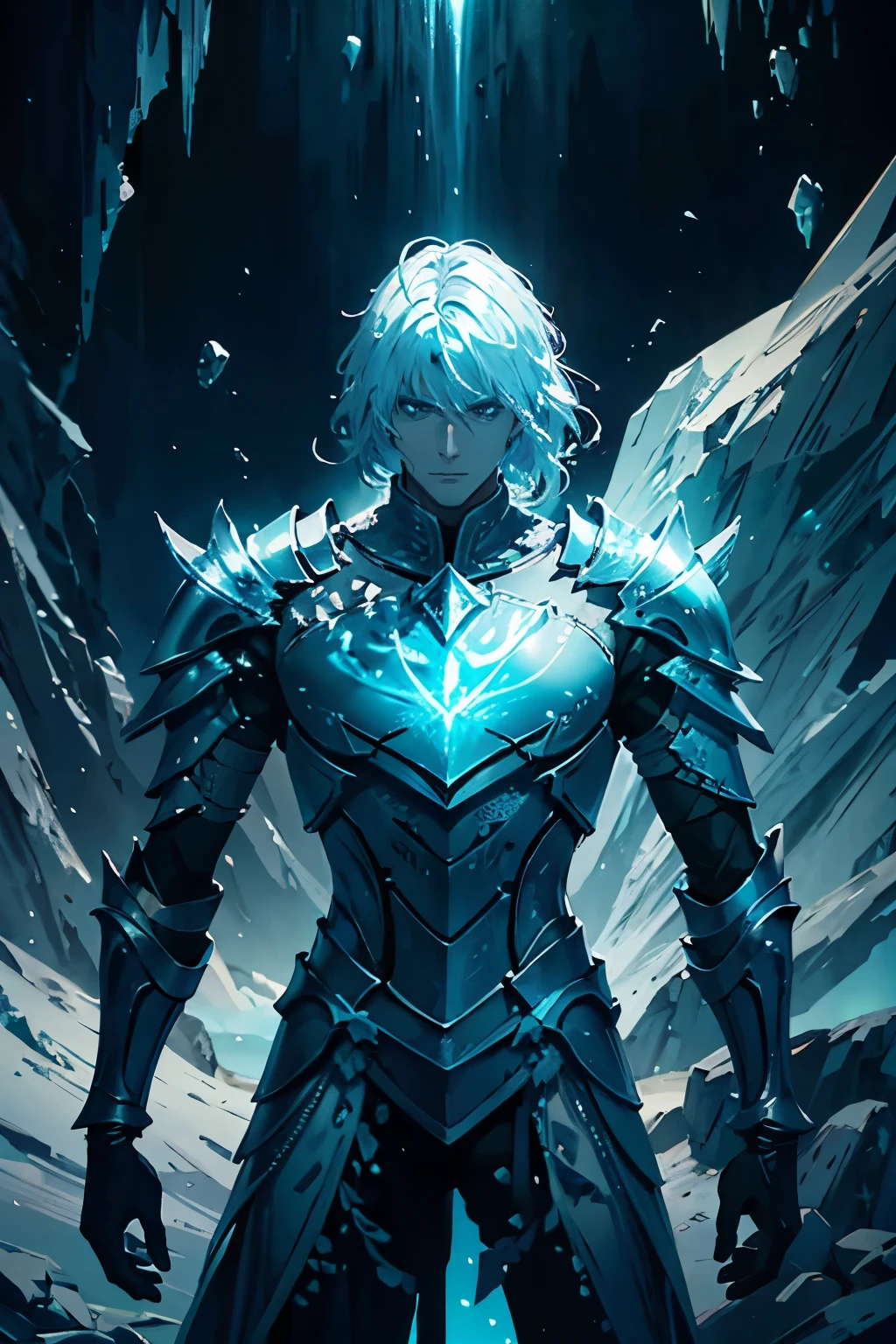 Ice knight, beautiful man with fine armor, intricate design, ocean blue details, silk, cinematic lighting, 4k, floating hair, sharp, prism, shining knight. Man with details armor.
