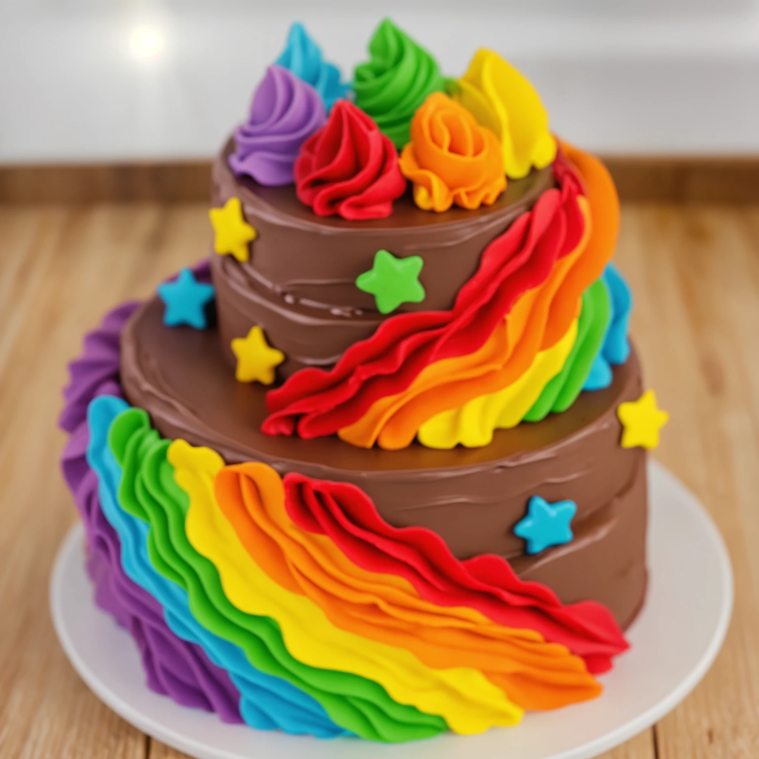 on a wooden table. there is a white plate. two-tier cake, chocolate cream cake, rainbow cream in the form of ruffles, decorated with rainbow stars made of polymer clay, multi-colored cream on top, against the background of the kitchen, Beautiful light from the window, Contour light, several light sources, beautiful lighting, Bright light source, bright lighting, beautiful light sources, Multiple light sources, Realistic style , realistic texture, detailed texture, A high resolution, high quality, beautiful photo of the cake, advertising photo, macro photography