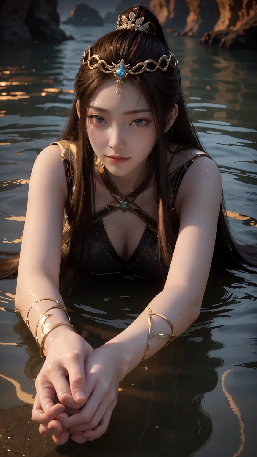 一个穿着连衣裙的女孩躺在Starry Sky下的床上,Exquisite smile,Beautiful and delicate eyes,Beautiful and delicate lips,Extremely detailed face and eyes,Long eyelashes,Full body,Flowing hair,belly button,best quality,excellent work,Super,(Reality:1.4),RAW photos,(Beautiful face:1.2),(Lying on the water:1.5),1 girl,(absurd),(8K), (4K),Octane Rendering,Starry Sky,((Full body view)),Wearing crystal barefoot,Cross-legged