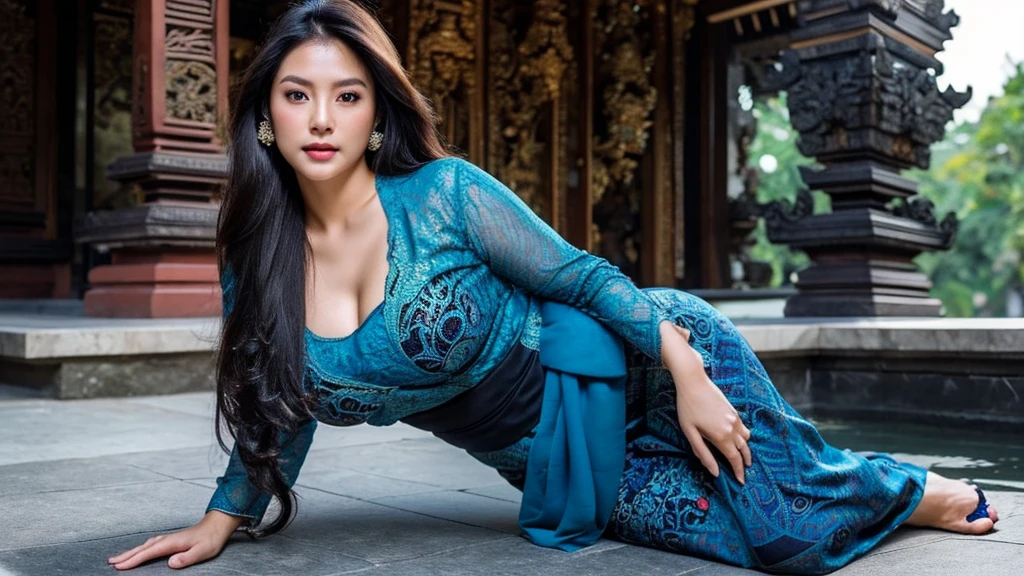 masterpiece, korean woman ,ultra realistic,32k,intricate details, sharp focus, realistic, closed, seductive pose, black eyes, jewelr, lips, realistic, looking_at_viewer, wet skin, shiny skin, SHORT SLEVES, indonesian clothes, bali, balinese, cityscape, transparent dynamic pose,((blue kebaya)),full body,busty body,curvy body,long hair,beauty face,cowboy shot,