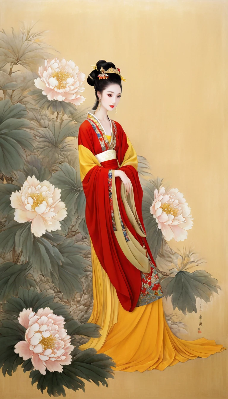 painting of a woman in a red and yellow dress and a yellow and red dress, ancient chinese beauties, ancient chinese princess, ancient asian dynasty princess, ancient china art style, chinese princess, ancient chinese goddess, traditional chinese painting, wearing ancient chinese clothes, palace ， a girl in hanfu, inspired by Qiu Ying, chinese style painting, chinese empress