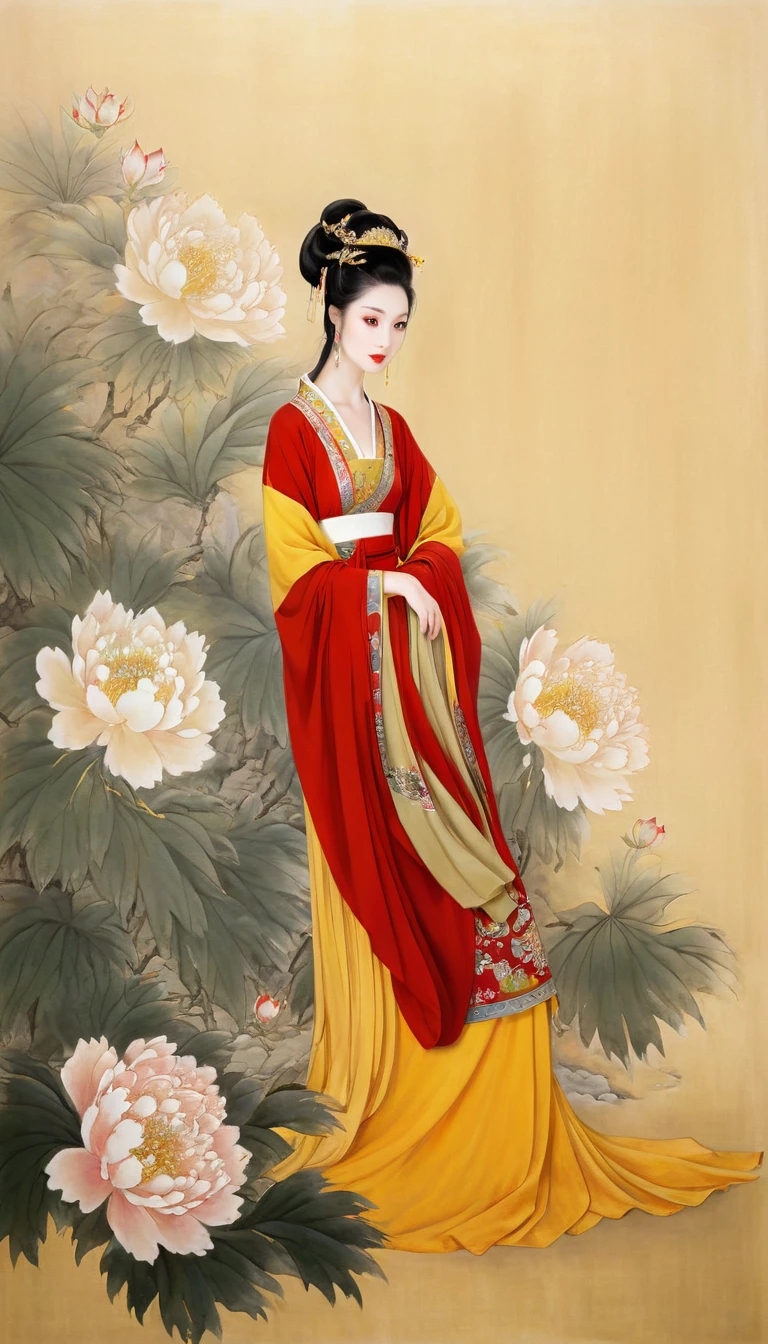 painting of a woman in a red and yellow dress and a yellow and red dress, ancient chinese beauties, ancient chinese princess, ancient asian dynasty princess, ancient china art style, chinese princess, ancient chinese goddess, traditional chinese painting, wearing ancient chinese clothes, palace ， a girl in hanfu, inspired by Qiu Ying, chinese style painting, chinese empress