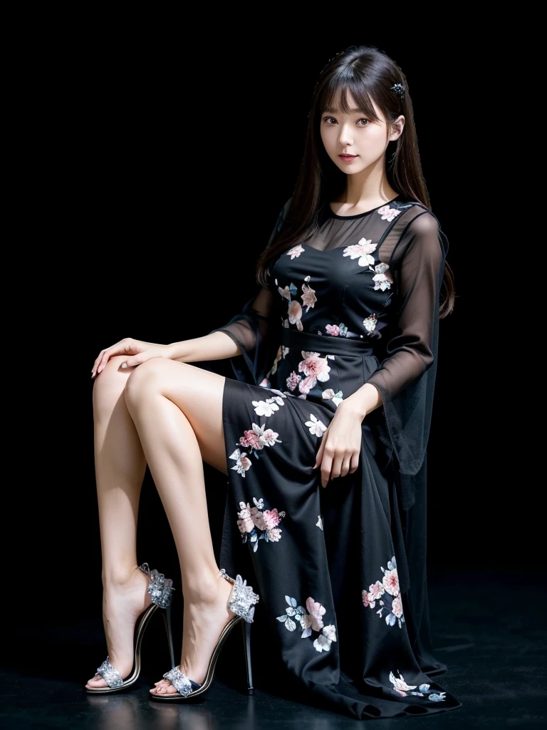 Black dress with small floral print、(Highest quality)、((Very detailed))、4K、(8K)、masterpiece、Very detailedな、Highest quality、Super Resolution、1 person、Kind Face、Soft Light、RAW quality、Soft Skin、163cm、White Room:1.5、High heels、Thighs、