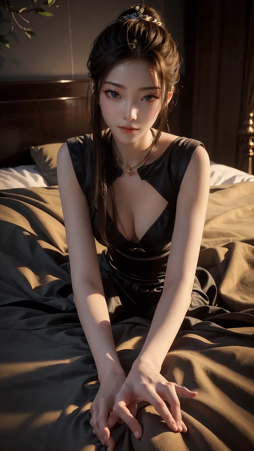 a girl lying on a bed, facing upward, slightly raising her leg, extremely detailed and beautiful 16 year old girl, 4k, 8k, cinematic, full body, lying, long legs, full body capture, (((lying on a bed))), (((full body lying on a bed))), large bed, lying on a bed, head resting on pillow, high quality, photorealistic, hyperrealistic, beautiful skin, flawless complexion, beautiful eyes, long eyelashes, delicate facial features, beautiful lips, graceful pose, natural lighting, warm color palette