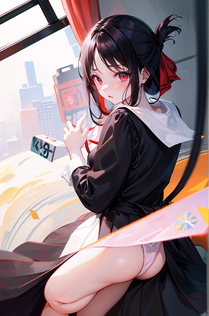 Black Hair、Red ribbon、Medium Hair、Pull down your panties、Take off your panties、Black Skirt、Turning around、on the train、Strap、look back、8K,Masterpiece、、Japanese 、、、Lift up your skirt、On all fours、Showing panties、Stick your butt out、Turn your ass towards me、Blushing、、Showing panties、Pull up your skirt、Blushing、on the train、Strap