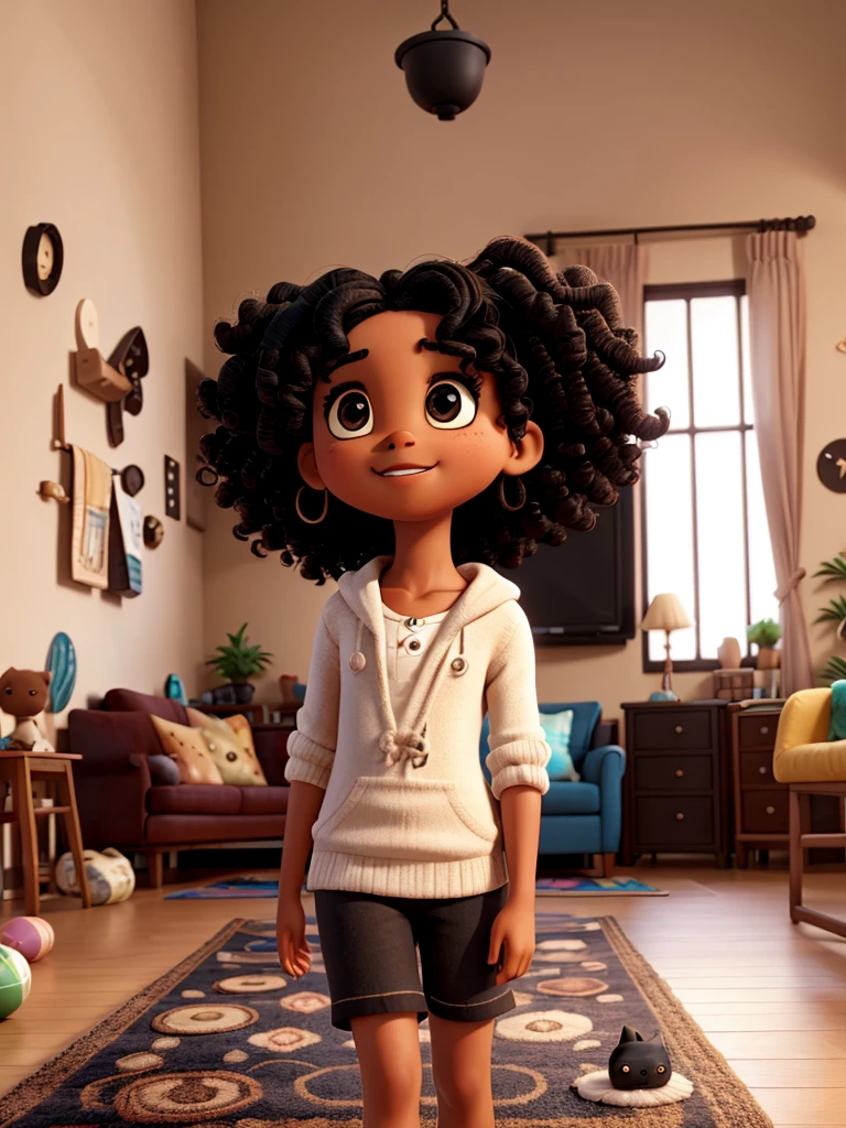 A with curly black hair and big eyes in a living room playing on a rug with children's toys with her little brother.
