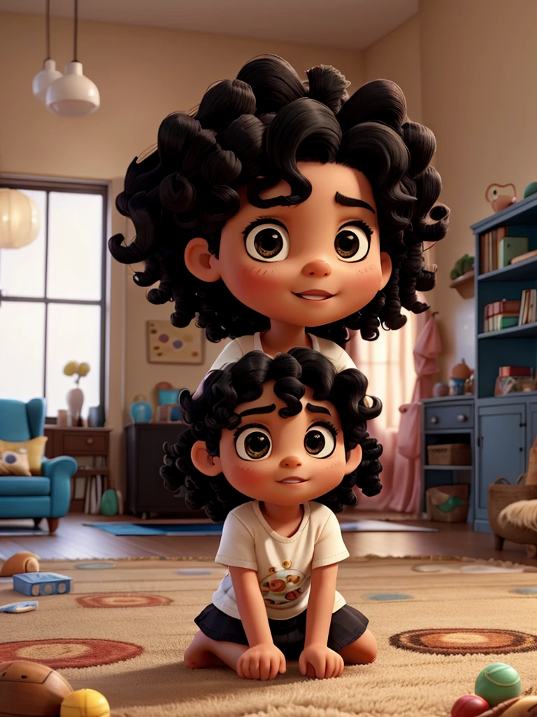 A  with curly black hair and big eyes in a living room playing on a rug with children&#39;s toys with her  brother. 