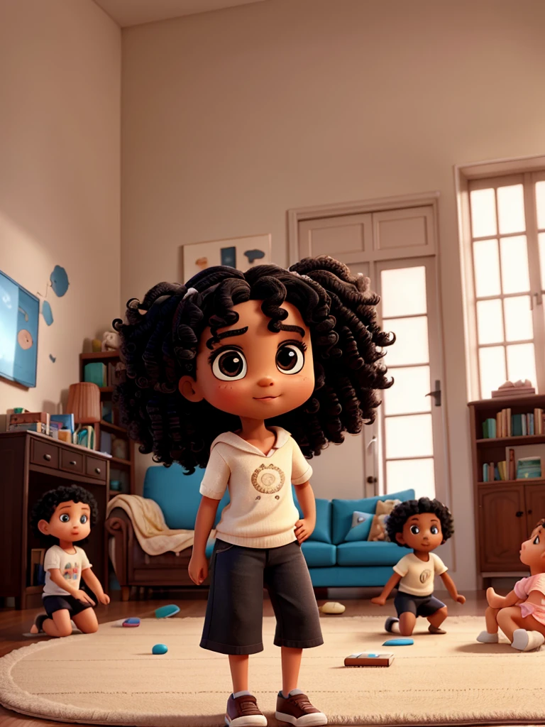 A with curly black hair and big eyes in a living room playing on a rug with children's toys with her little brother.