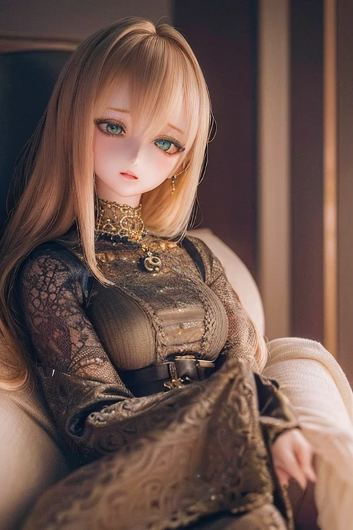 photorealistic, realistic photo, ((highest quality)), ((masterpiece)), (extremely detailed), kukolnydom, doll, (mature woman:1.7), solo, eye level shot, sitting on sofa, green eyes, (looking down, blank eyes, empty eyes, detailed eyes:1.3), light smile, dress, museum, 8k
