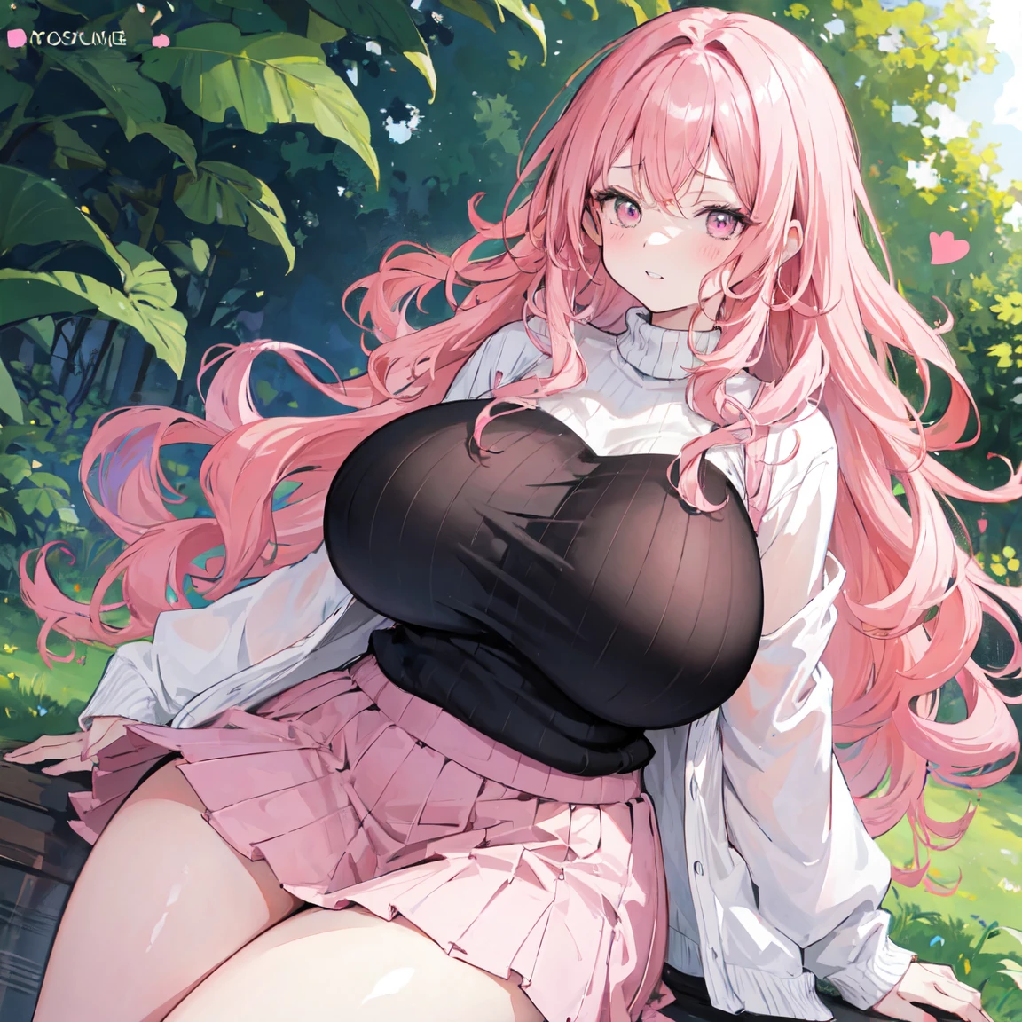 A woman, anime woman, pink hair, long hair, cheeks with a rosy blush, biting her lip, wavy hair, pink eyes, heart shaped eyes, big eyes, giant breasts, massive breasts, big nipples under clothes, fat lips, giant lips, pink lips, wide hips, big ass, big thighs, silk sweater, vanilla sweater, short skirt, black skirt, in a large and luxurious garden.