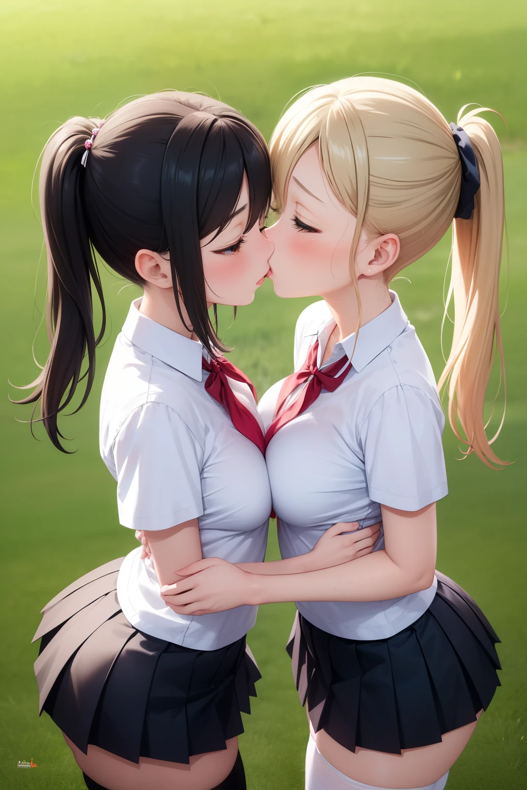 masterpiece, best quality, highly detailed, ultra high res, ayase arisa, 2girls, ((mutiple girls)), hair ornament, glossy lips, medium breasts, white shirt, pleated miniskirt, thigh highs, school field, ponytail, twintails, eyes closed, facing each other, kissing