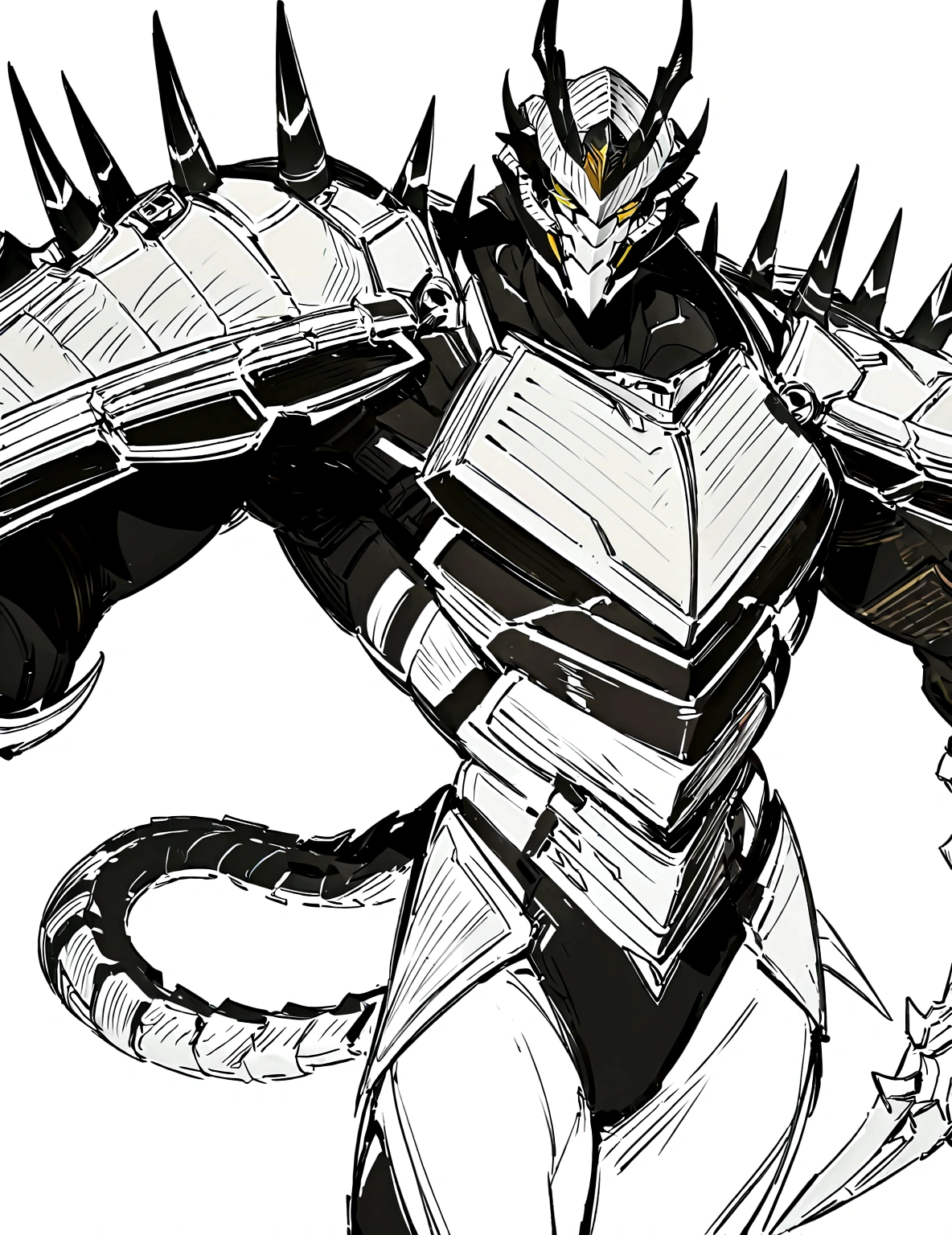 a drawing of a man with a large horned head and a sword, dragon cyborg, cyborg dragon portrait, sharp robot dragon claws, with scaly-looking armor, male robotic anthro dragon, well armored mech dragon, with robot dragon head, robot mecha female dragon head, robot dragon claws, greek god in mecha style, mecha inspired, dragon inspired armor, clean lines, clean lineart, smooth, refined, refined details.