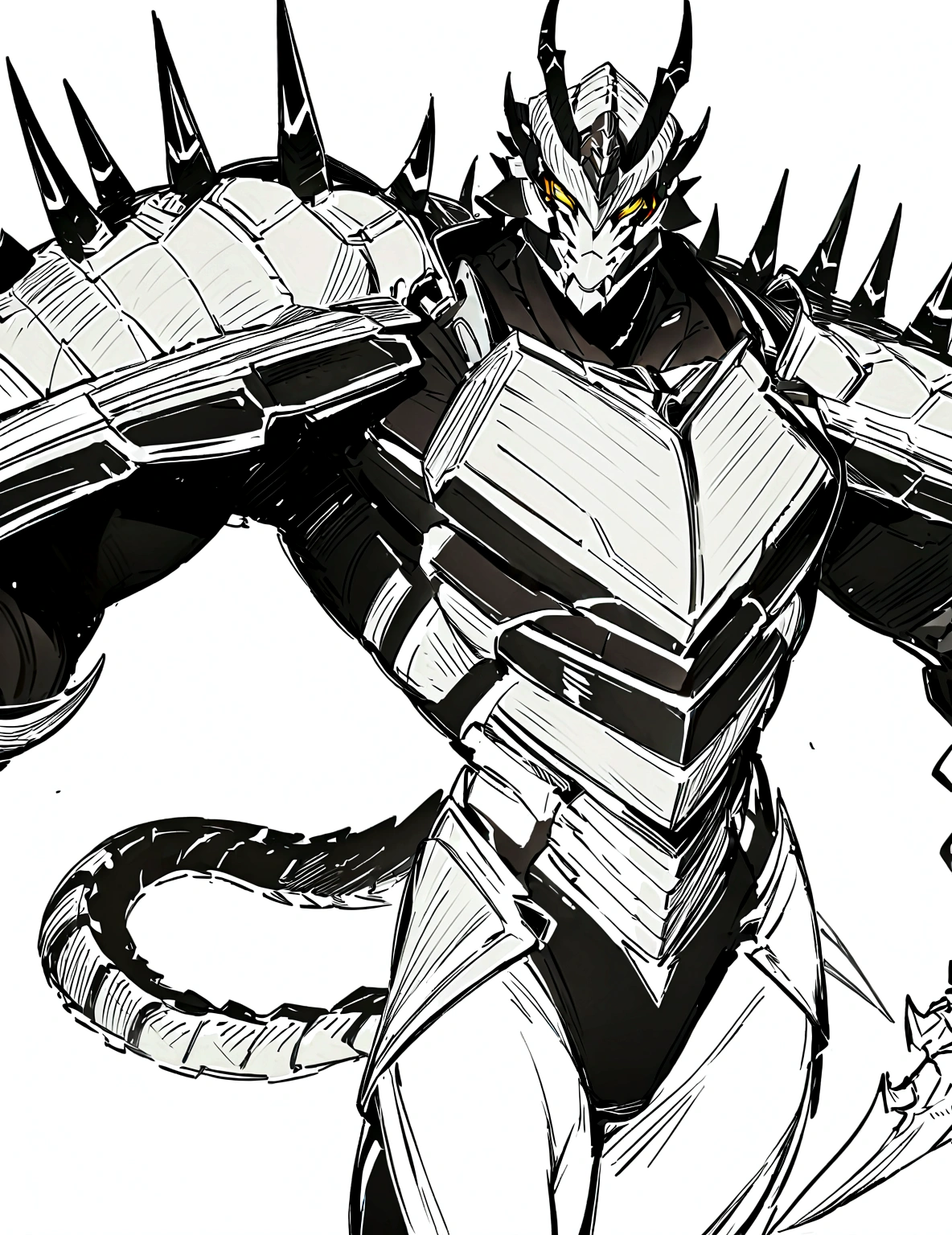 a drawing of a man with a large horned head and a sword, dragon cyborg, cyborg dragon portrait, sharp robot dragon claws, with scaly-looking armor, male robotic anthro dragon, well armored mech dragon, with robot dragon head, robot mecha female dragon head, robot dragon claws, greek god in mecha style, mecha inspired, dragon inspired armor, clean lines, clean lineart, smooth, refined, refined details.