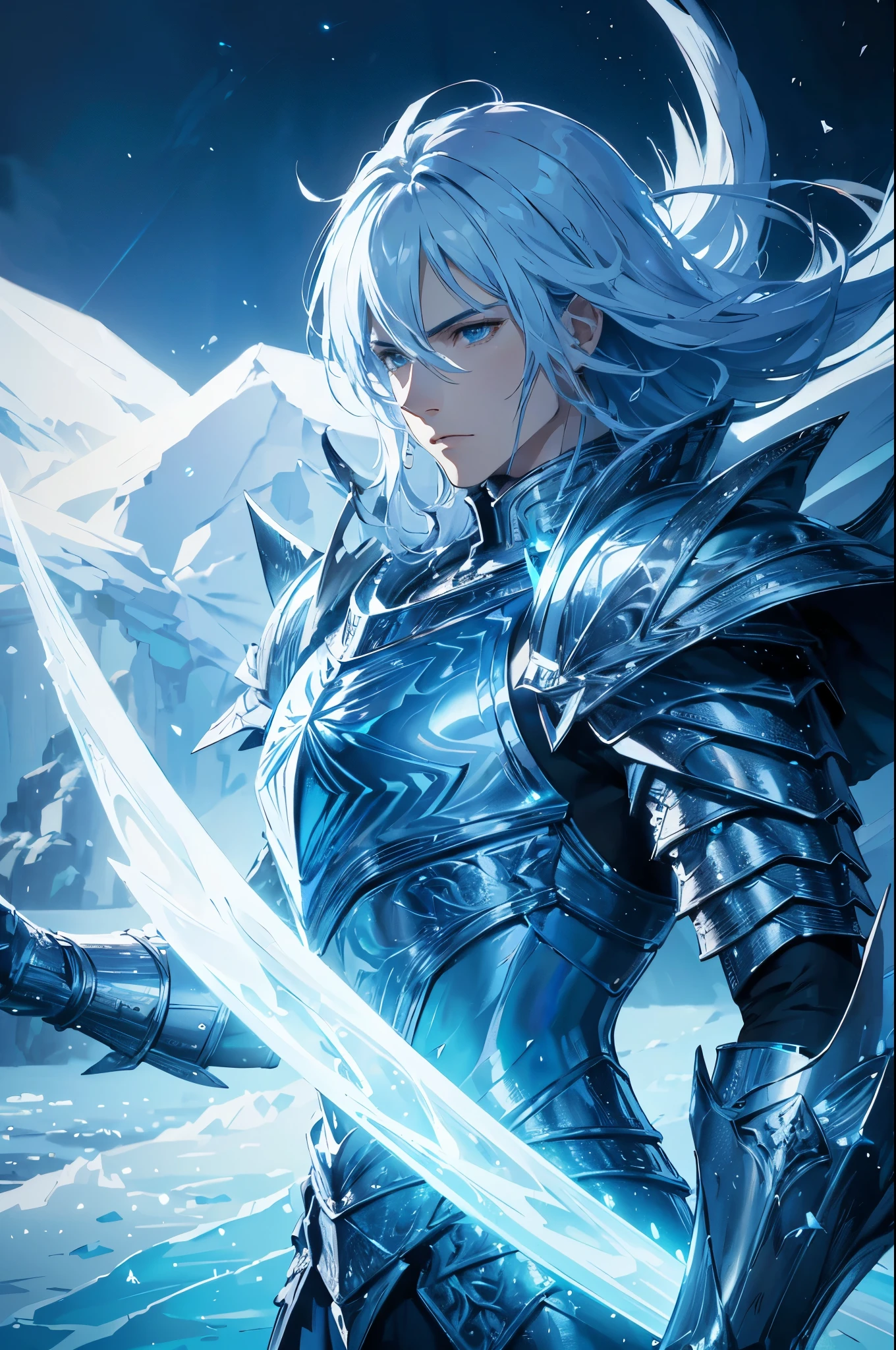 Ice knight, beautiful man with fine armor, intricate design, ocean blue details, silk, cinematic lighting, 4k, floating hair, sharp, prism, shining knight. Man with details armor. 