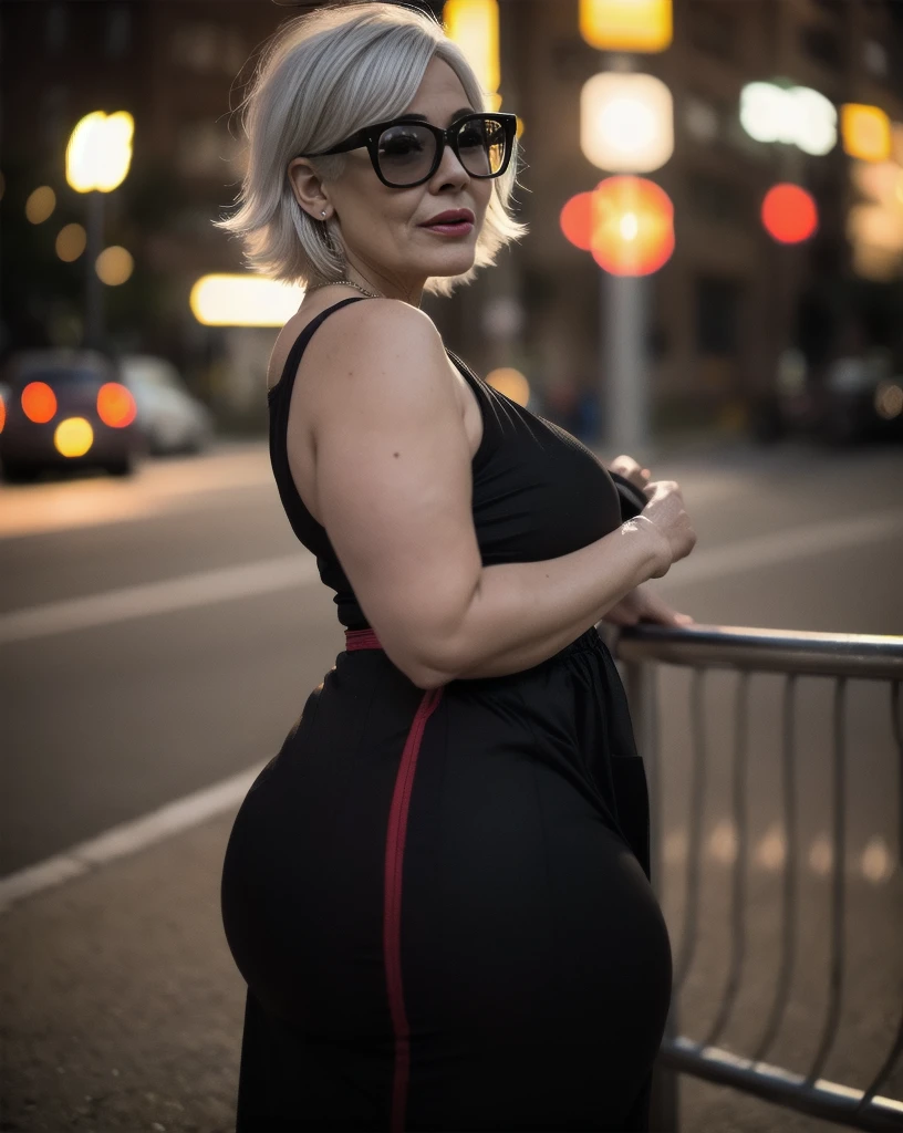 Beautiful 65 year old grandmother, elderly woman with white hair, with her back to the camera showing a huge ass, Very slender waist, wide hip, beautiful grandmother, beautiful old woman, night and urban scenery with bokeh and flares on camera