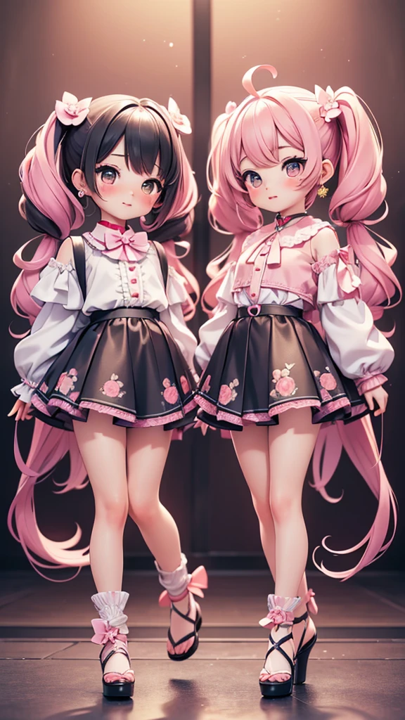 ((petite bishojo, 2girls)), ((kawaii face)), ((heart shaped eyes)), (masterpiece), (top quality), ((hyper detailed)), (exquisite), (beautiful and aesthetic), (super detailed skin), (high standard), (high resolution), (perfect ???????), (full body), (nose blush), (short twintails), (ahoge), ((jirai kei)), (earring), (lipstick), (perfect hands)