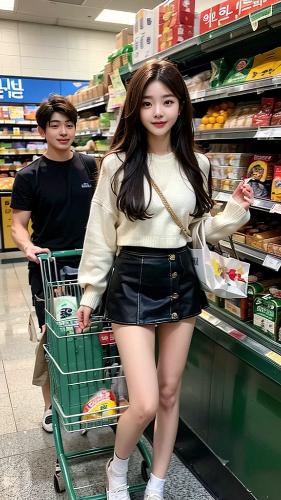 (((sfw : 1.0))), (realistic), (intricate details:1.2), (masterpiece:1.3), (top quality:1.4), (Ultra A high resolution:1.2), 8K resolution, very detailed expression, (high quality), complete anatomy, natural anatomy, full body photo, everyday scene, (handsome korean boy and beautiful korean lover shopping for groceries with a cart at the supermarket:1.4), happy expression, Flutter, (korean :1.3), (22 years old:1.3), College students, (The woman wore mini skirt:1.3), (and the man wore man's wear :1.3)