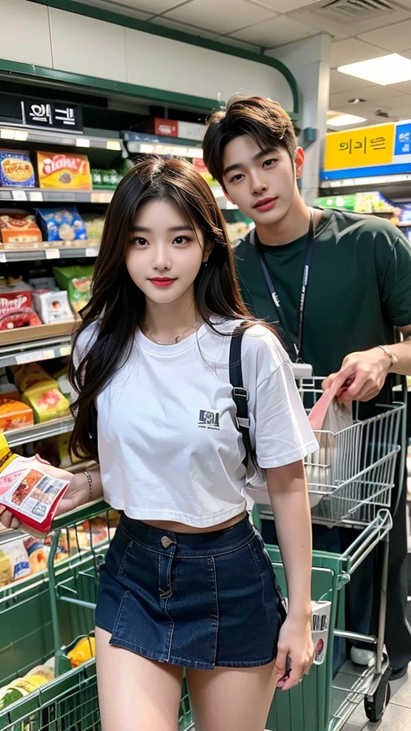 (((sfw : 1.0))), (realistic), (intricate details:1.2), (masterpiece:1.3), (top quality:1.4), (Ultra A high resolution:1.2), 8K resolution, very detailed expression, (high quality), complete anatomy, natural anatomy, full body photo, everyday scene, (handsome korean boy and beautiful korean lover shopping for groceries with a cart at the supermarket:1.4), happy expression, Flutter, (korean :1.3), (22 years old:1.3), College students, (The woman wore mini skirt:1.3), (and the man wore man's wear :1.3)