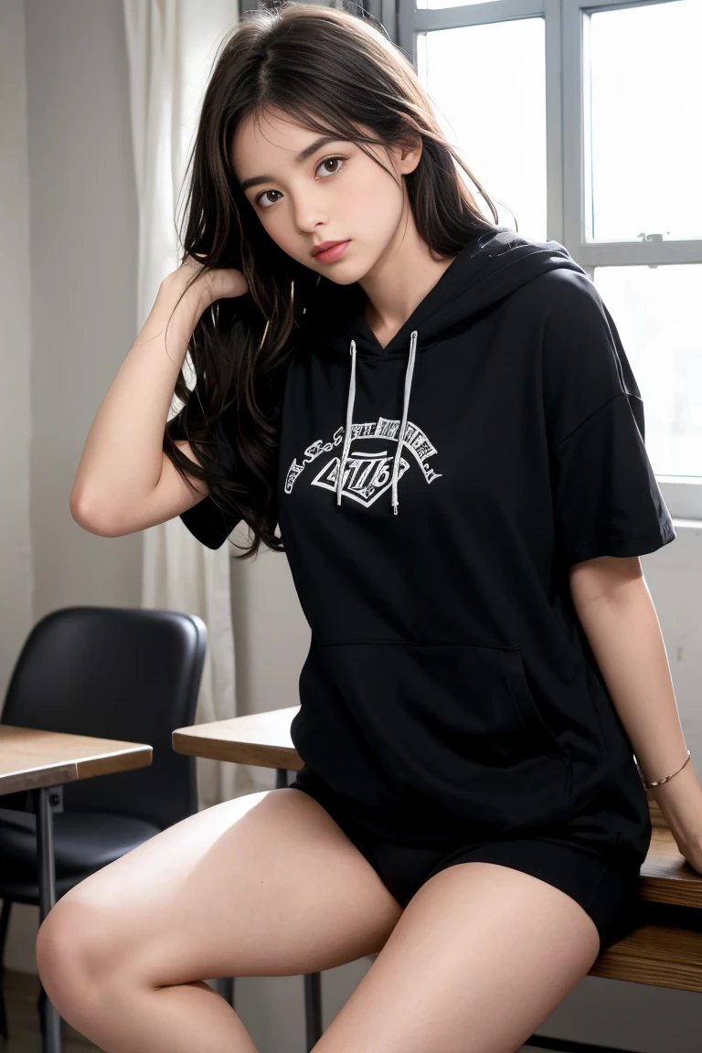 deux femmes ensemble de 18 ans sexy et mince , black short sleeve hoodie , salle de classe, se touche,position sey,sensuel