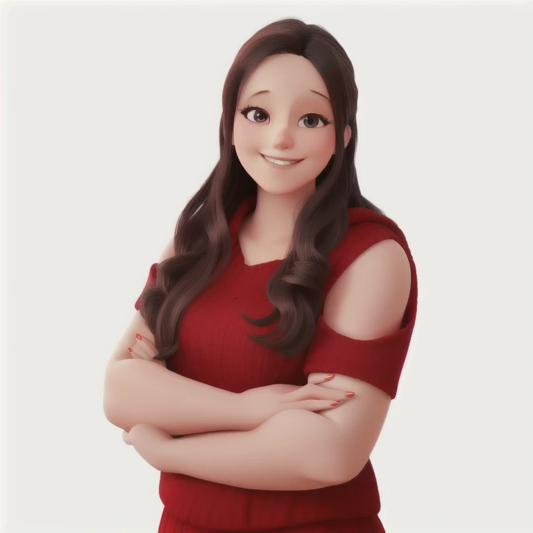 Woman in red smiling.