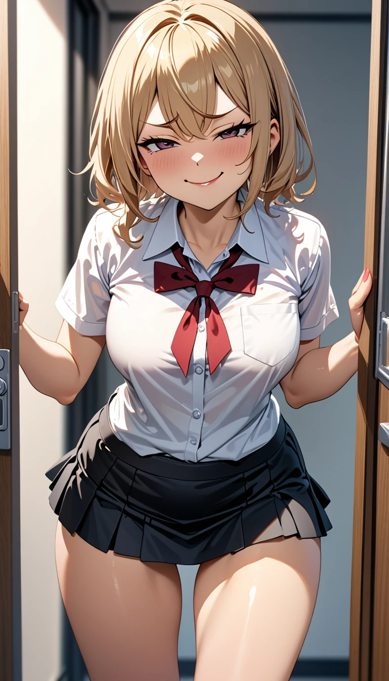 (Masterpiece、Highest quality、Very detailed、4K)、One Woman、high school student、Super short skirt、、((smug face))