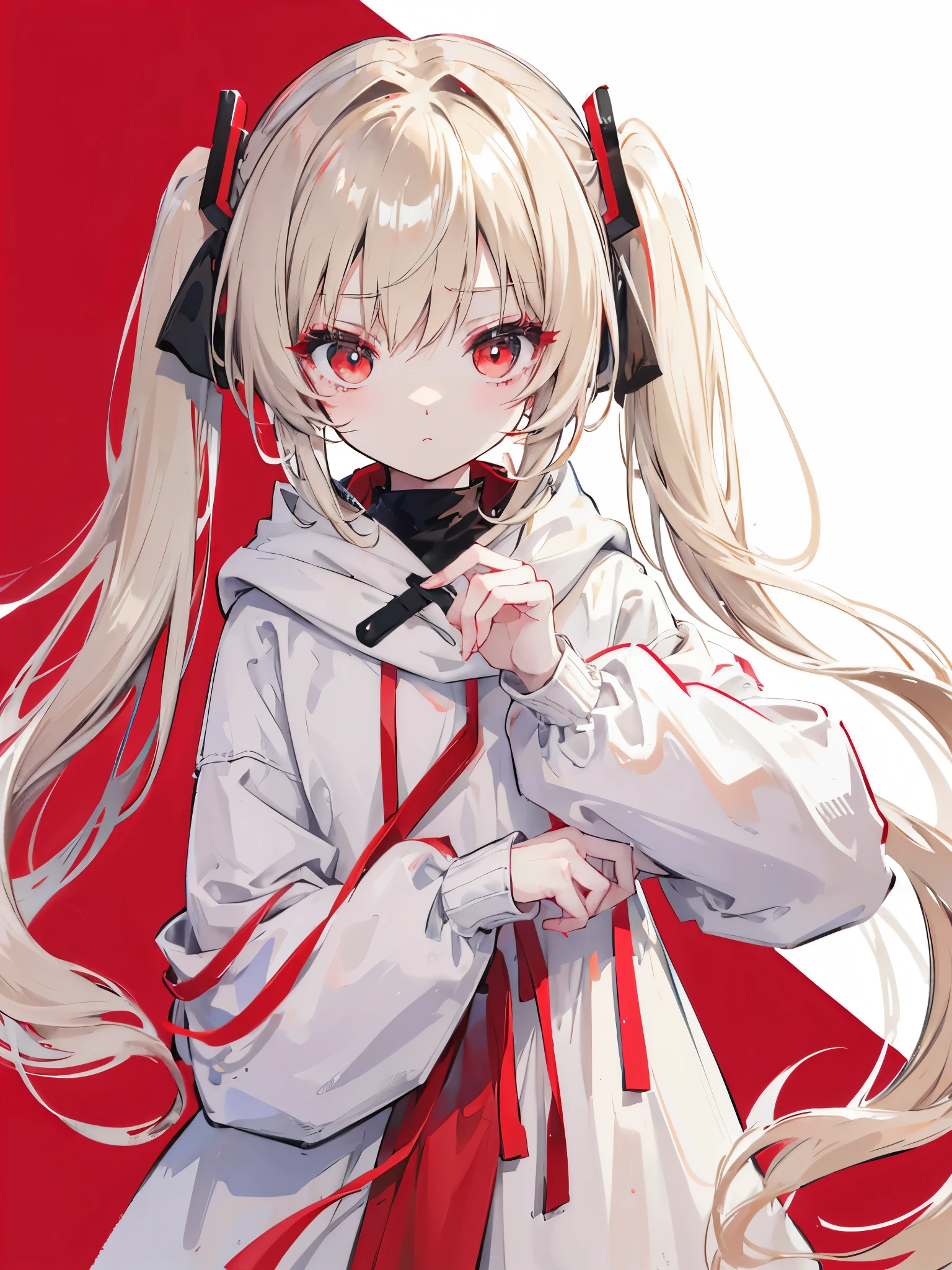 Beige hair and red eyes、Twin tails、Very long hair、Shiny Hair、high quality、Simple Background、White Background、Big hoodie、monochrome outfit、