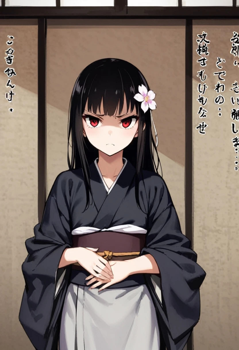 1head shot、My nipples are licked by a man、Zashiki-warashi Japanese style、Shoji screen、tatami、Haunted House、darkness、Late Night、kimono、Bob、Girl、Girl、Younger、Baby Face、flat chest、Black Long Hair、Dynamic Angle、Glaring、Eyes open、Flower Hair Ornaments