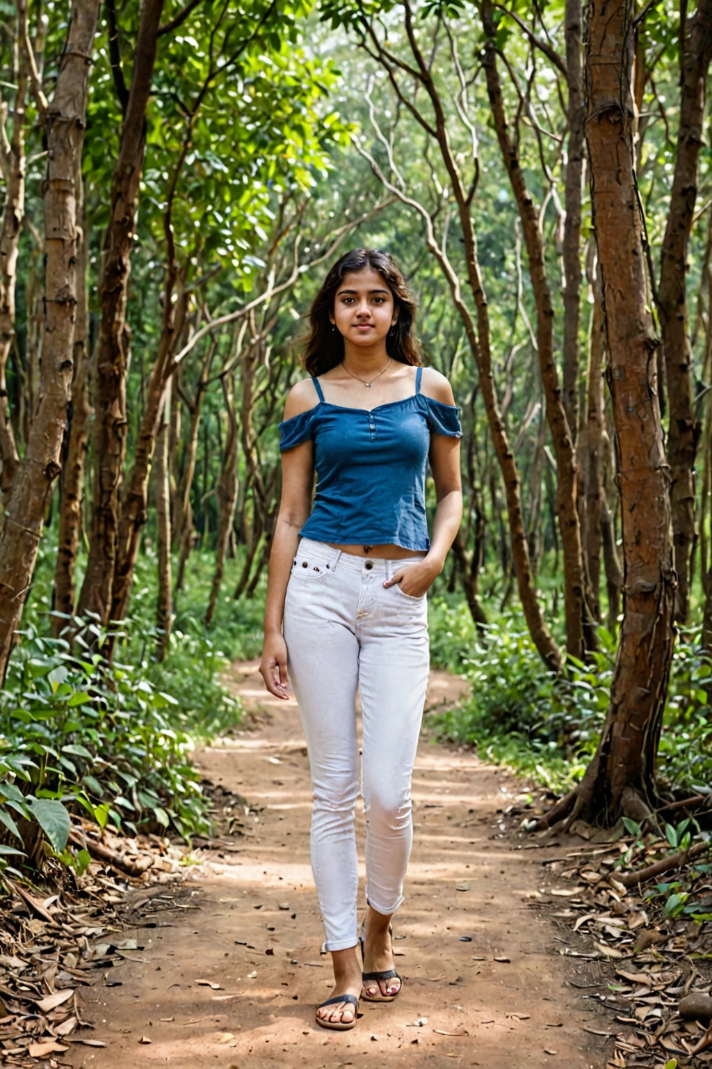 20yo woman, standing in the middle of a winding forest path in India, in Summer, wearing a blue top white jeans.
