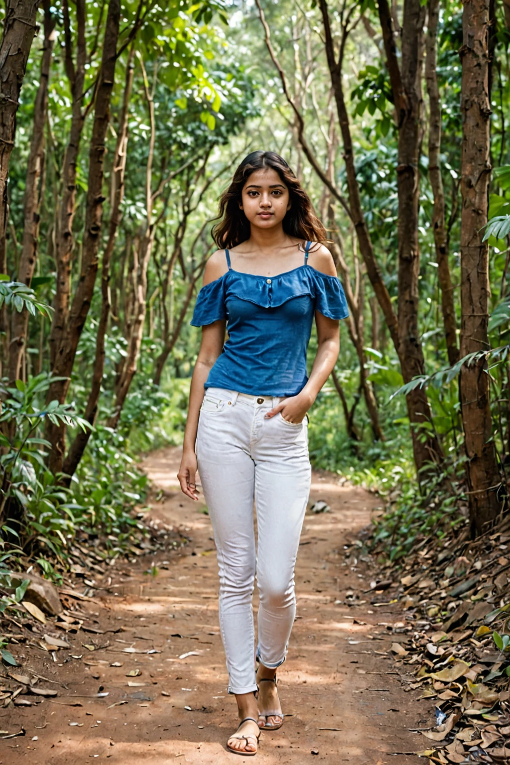 20yo woman, standing in the middle of a winding forest path in India, in Summer, wearing a blue top white jeans.