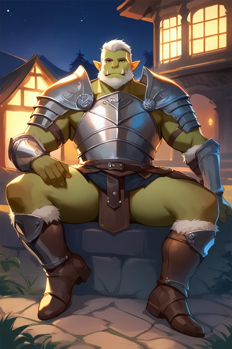 score_9, score_8_up, score_7_up, solo, male focus, bulk male, orc, green skin, tusks, beard, outdoors, micro armor , shoulder armor, breastplate, upper body, closed mouth, pauldrons, night, night sky , (( Leather Armor Roman Gladiator War Skirt )) , full body , boots , laying spread legs , legs up , massive ass
