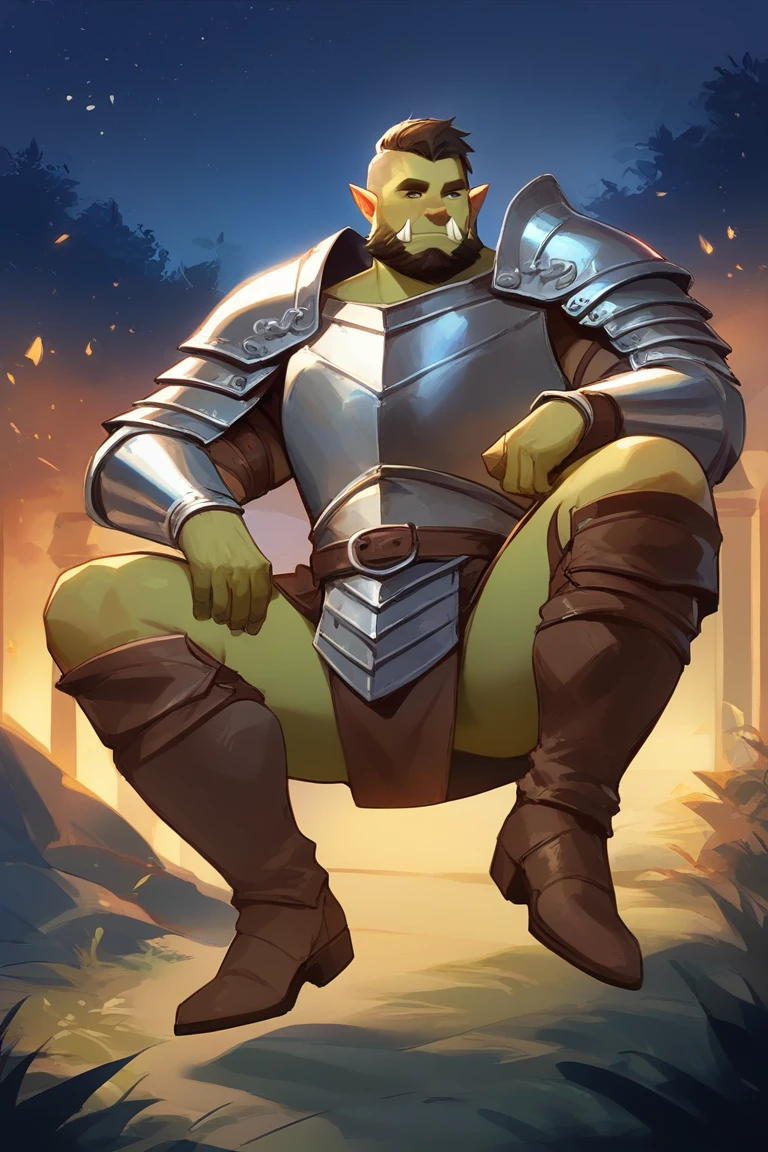 score_9, score_8_up, score_7_up, solo, male focus, bulk male, orc, green skin, tusks, beard, outdoors, micro armor , shoulder armor, breastplate, upper body, closed mouth, pauldrons, night, night sky , (( Leather Armor Roman Gladiator War Skirt )) , full body , boots , laying spread legs , legs up , massive ass