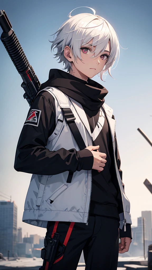 Boy with white hair;
shorth hair;
Messy hair;
eye white;
Some gun sight marks on the pupils;
wear black pants;
black jersey;
A white sweater;
A white scarf;
Pupilas brancas cor neve
A sniper tem a cor branca também
There's a white sniper on the back;