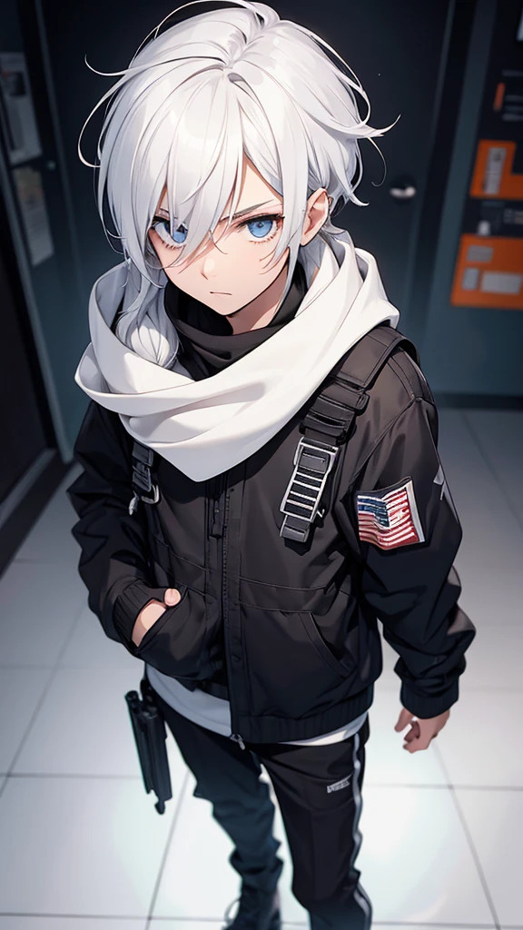 Boy with white hair;
shorth hair;
Messy hair;
eye white;
Some gun sight marks on the pupils;
wear black pants;
black jersey;
A white sweater;
A white scarf;
Pupilas brancas cor neve
A sniper tem a cor branca também
There's a white sniper on the back;