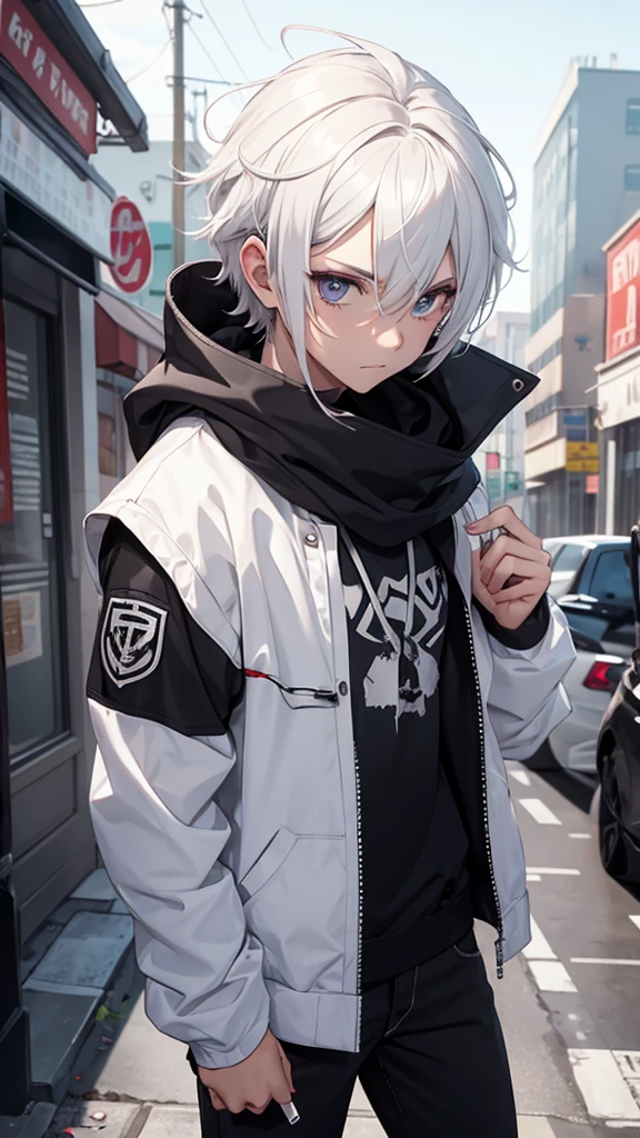 Boy with white hair;
shorth hair;
Messy hair;
eye white;
Some gun sight marks on the pupils;
wear black pants;
black jersey;
A white sweater;
A white scarf;
Pupilas brancas cor neve
A sniper tem a cor branca também
There's a white sniper on the back;
