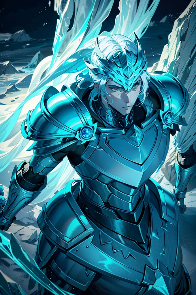 Ice knight, beautiful man with fine armor, intricate design, ocean blue details, silk, cinematic lighting, 4k, floating hair, sharp, prism, shining knight. Man with details armor. 