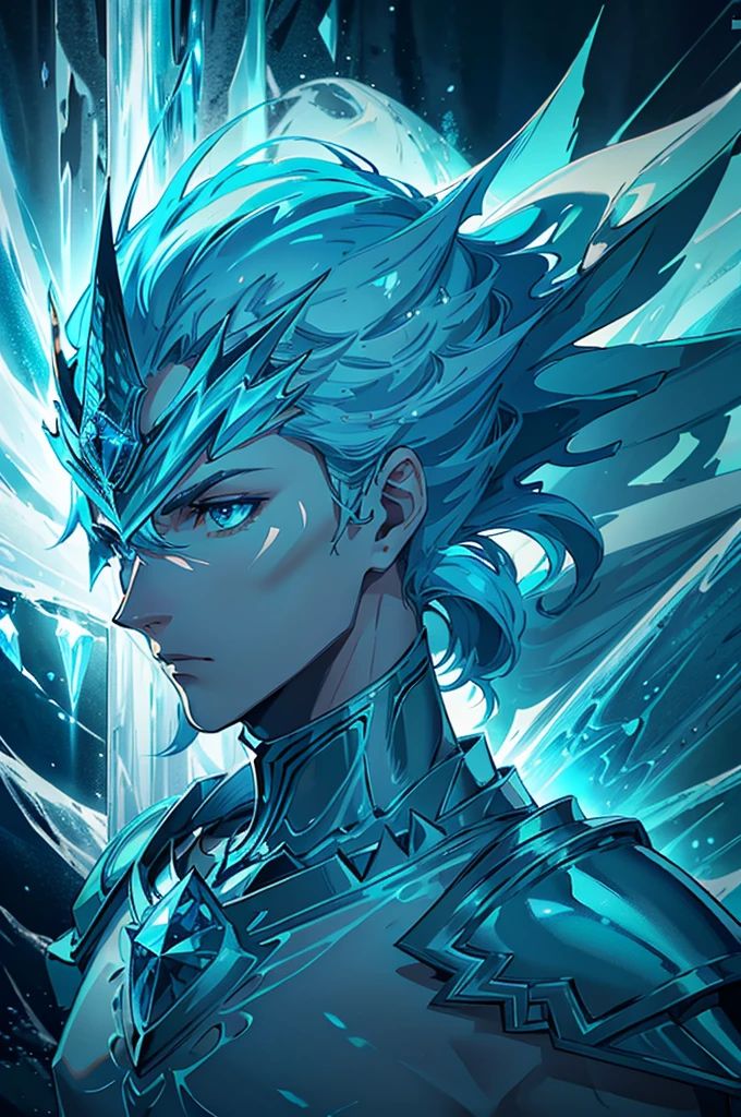 Ice knight, beautiful man with fine armor, intricate design, ocean blue details, silk, cinematic lighting, 4k, floating hair, sharp, prism, shining knight. Man with details armor.
