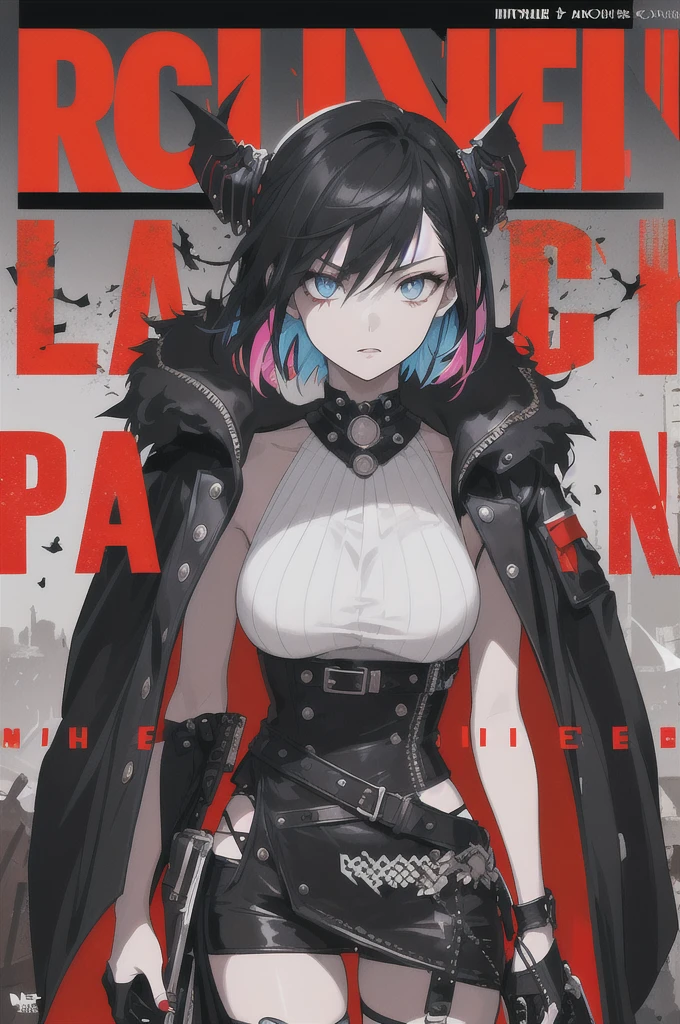 A young woman standing confidently in the center of a dramatic, gritty, intense film poster, wearing a stylish and edgy outfit with a determined expression, against a dark and gritty background with a sense of danger and intensity, the text bold and attention-grabbing with a catchy tagline, a vibrant color palette with dark tones and splashes of vibrant colors, creating a dynamic and visually striking appearance, high quality magazine cover style, fashionable, vibrant, posing, colorful, dynamic, confident, statement, majestic, coiled, scene, bold, attention-grabbing, title, stylish, catchy, headline, larger, striking, modern, trendy, fashion