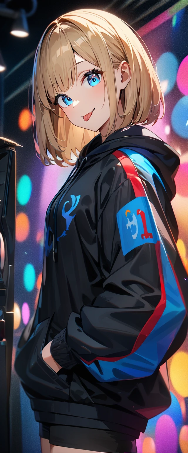(((One girl))), blond hair, bob cut, (upper body), (looking at viewer), breasts, teenager, head tilt:1.3, (((blue eye))), (from side), hand in pocket, ((happy smile)), ((full face brush)), tongue out, black hoodie, black shorts, anime style, (best quality, 4k, 8k, highres, masterpiece:1.2, ultra-detailed, ultra-detailed eyes, HDR, UHD, studio lighting, ultra-fine painting, sharp focus, physically-based rendering, extreme detail description, professional, vivid colors, bokeh)