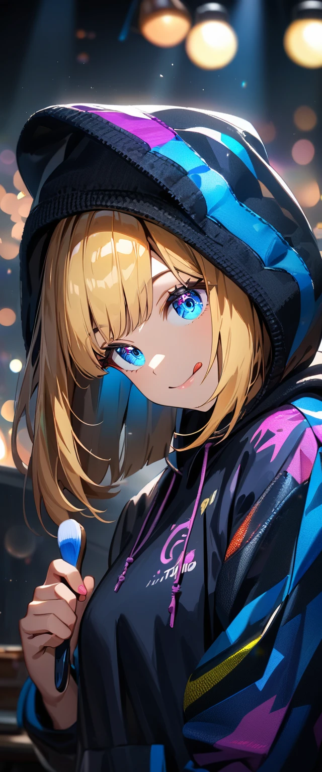 (((One girl))), blond hair, bob cut, (upper body), (looking at viewer), breasts, teenager, head tilt:1.3, (((blue eye))), (from side), hand in pocket, ((happy smile)), ((full face brush)), tongue out, black hoodie, black shorts, anime style, (best quality, 4k, 8k, highres, masterpiece:1.2, ultra-detailed, ultra-detailed eyes, HDR, UHD, studio lighting, ultra-fine painting, sharp focus, physically-based rendering, extreme detail description, professional, vivid colors, bokeh)