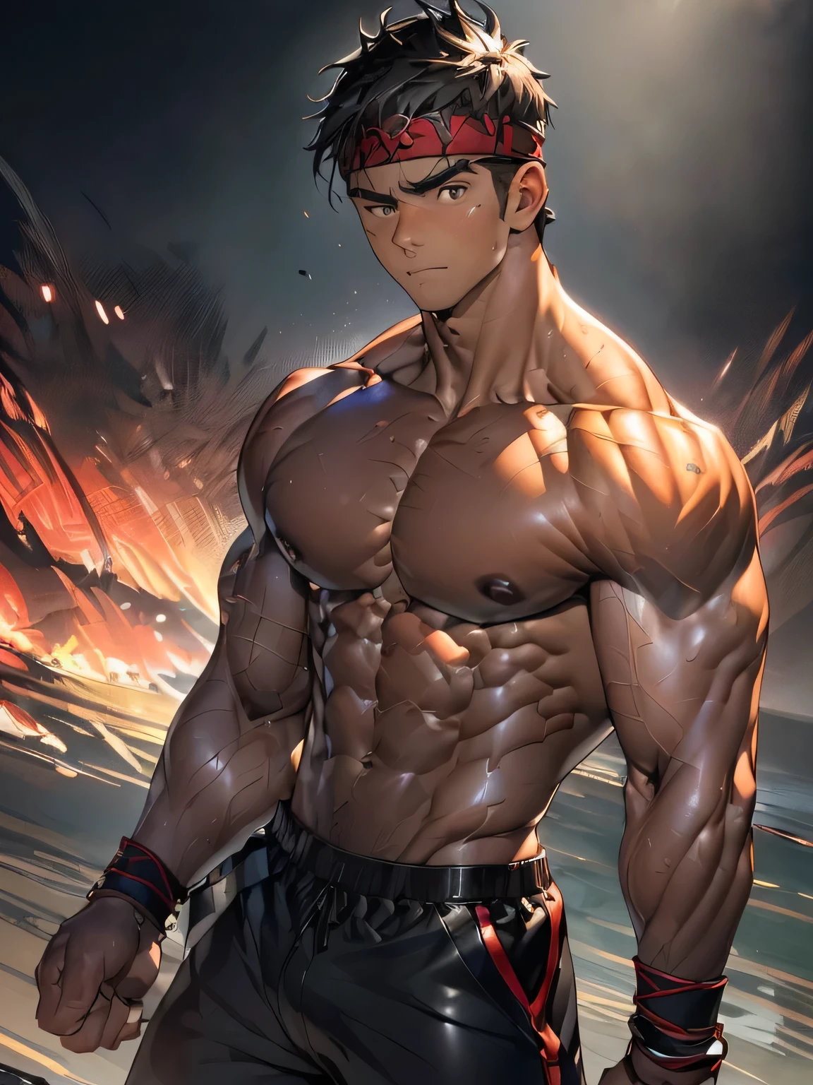 (Masterpiece, Best quality 19 year old boy, black background), ((((solo)))), Young, boy, muscler, Shirtless, topless, (Dark Short straight hair, ((almost completely shaved hair)), under cut, brown eyes), (red headband, ((leather fingerless grobe, black wristband, loose jogging pants))), ((((jacked muscle, beautiful musculature, aesthetic striations, inspirational physique, lean muscle, square pecs, beautiful v-taper, great abs and torso, chiseled abs, chiseled pecs, with his jet black military haircut and voluminous neck)))), Vivid colors, detailed face, detailed muscle, (((rippling muscles, struggle, action pose, combats, ready to fight)))