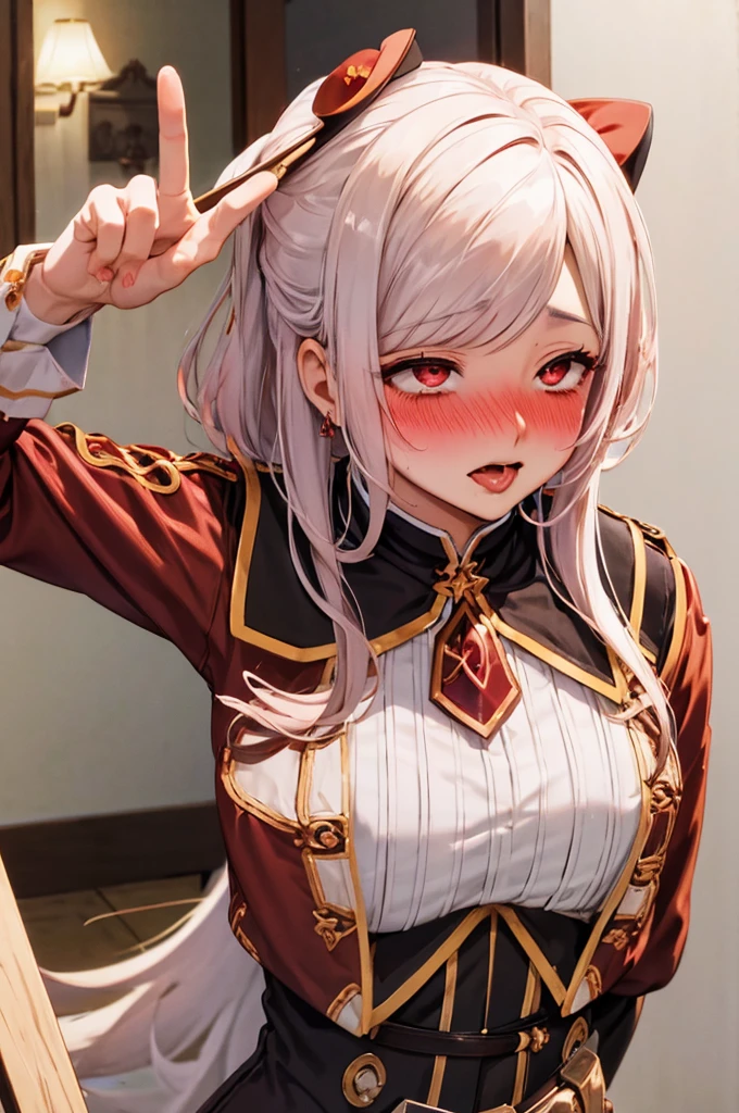 peace sign,(masterpiece, best quality), intricate details, 1girl, megumin, short hair, dress, red dress, hat, witch hat, belt indoors,ahg rolling eyes tongue((((blush)))),(cleatched teetch)