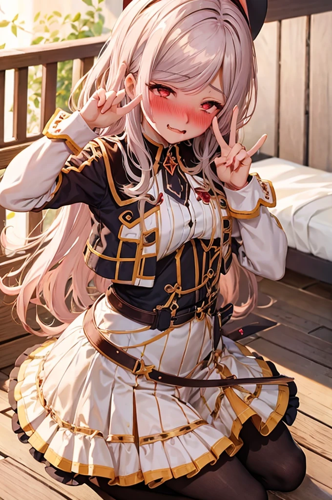 peace sign,(masterpiece, best quality), intricate details, 1girl, megumin, short hair, dress, red dress, hat, witch hat, belt indoors,ahg rolling eyes tongue((((blush)))),(cleatched teetch)
