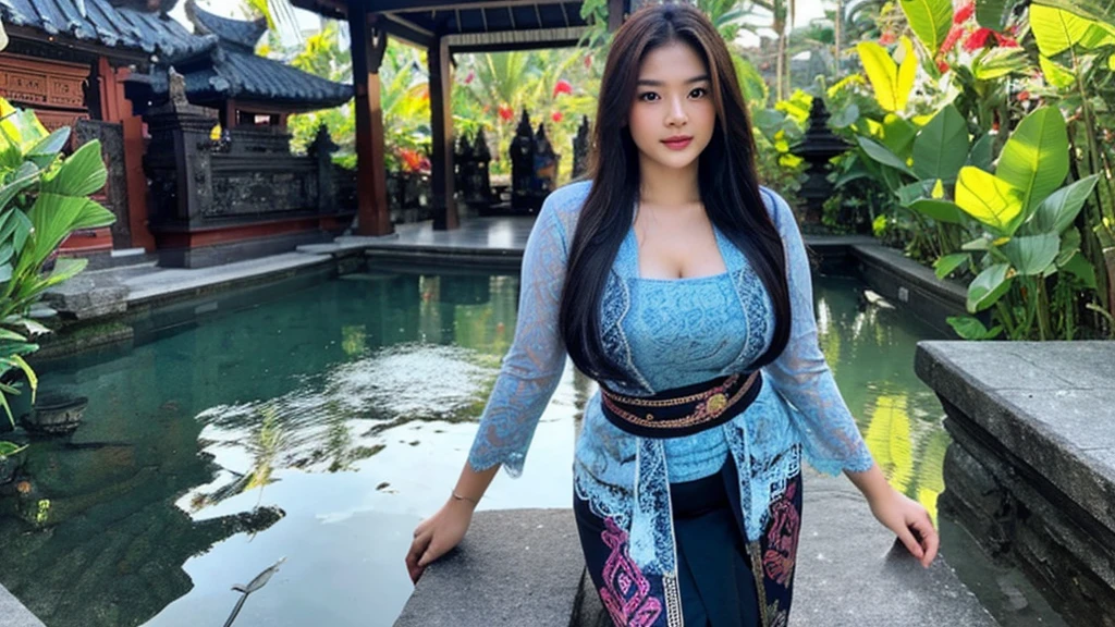 masterpiece, korean woman ,ultra realistic,32k,intricate details, sharp focus, realistic, closed, black eyes, jewelr, lips, realistic, looking_at_viewer, wet skin, shiny skin, SHORT SLEVES, indonesian clothes, bali, balinese, cityscape, transparent dynamic pose,((blue kebaya)),full body,busty body,curvy body,long hair,beauty face,cowboy shot,