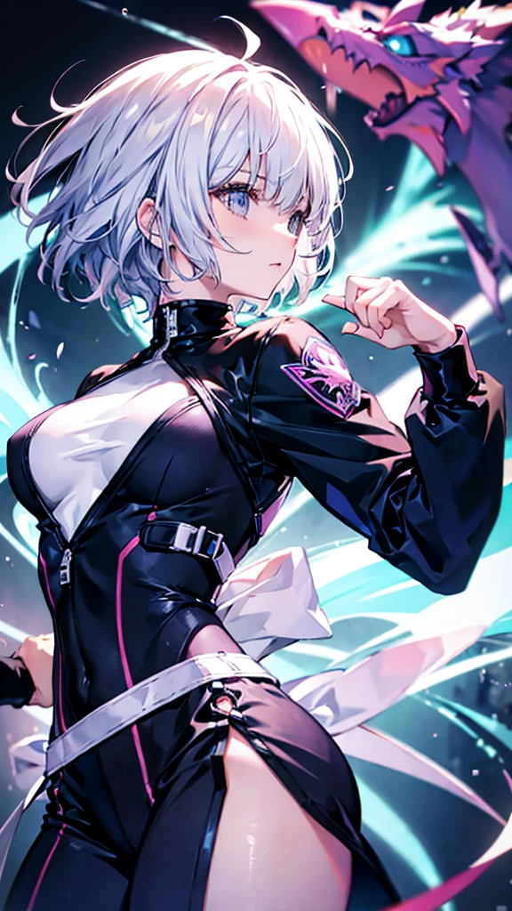profile background, anime girl, serious face, fringe, short white hair, eyes purple, martial arts clothing, high-res portrait, detailed eyes and face, character, fantasy, with a blue dragon behind, advanced urban, looking from behind at viewer, 4K, high resolution